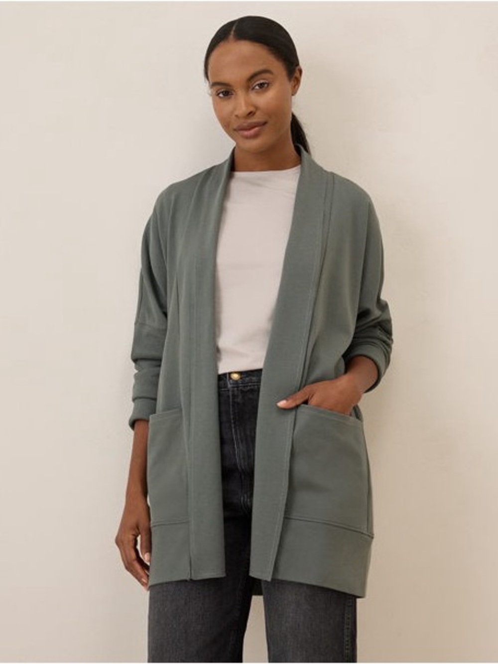 Pact Airplane Wrap Cardigan M/L Green Organic Cotton Travel Quiet Luxury L06